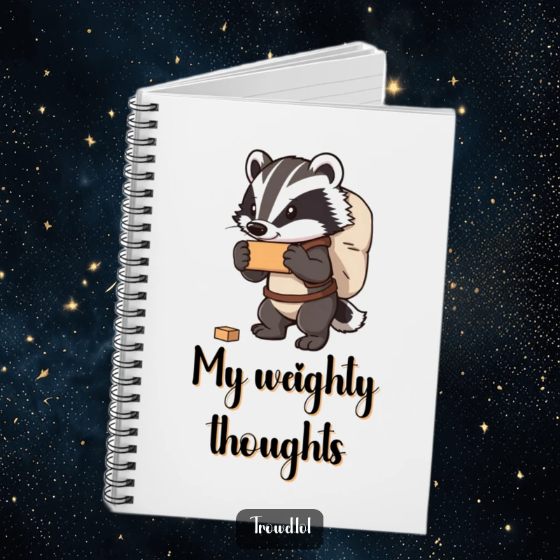 Funny badger notebook featuring a strong character carrying a large bag of bricks, ideal for jotting down powerful thoughts and plans.