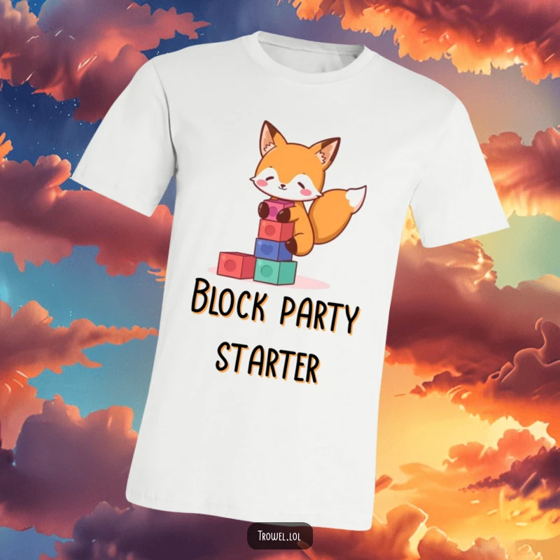 Funny fox t-shirt depicting a playful character engrossed in stacking colorful blocks, showcasing its focused and fun-loving nature.