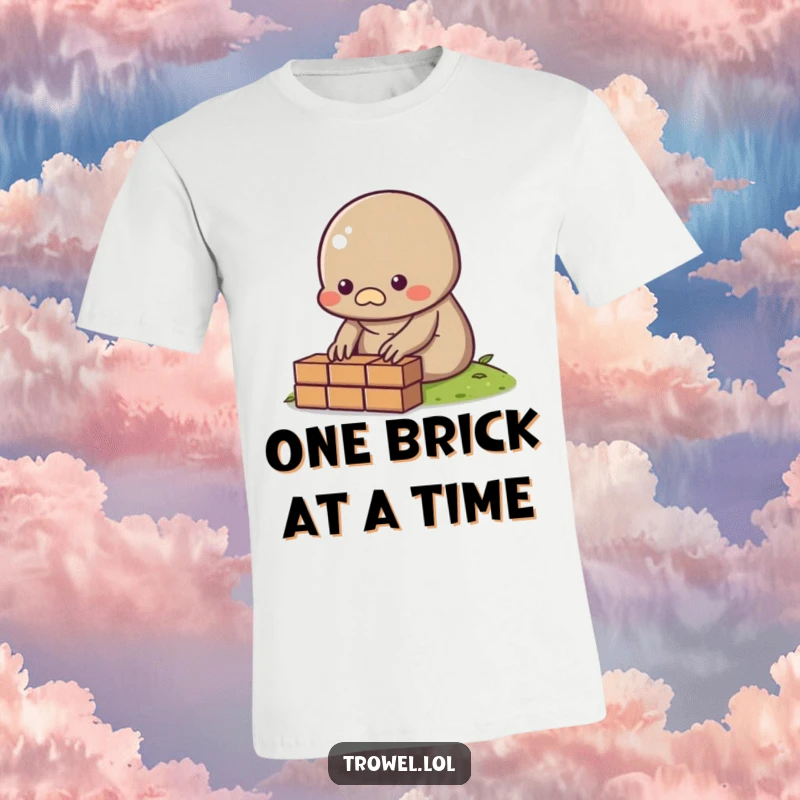 Funny Mole T-Shirt depicting a small, determined character carefully laying a single brick.