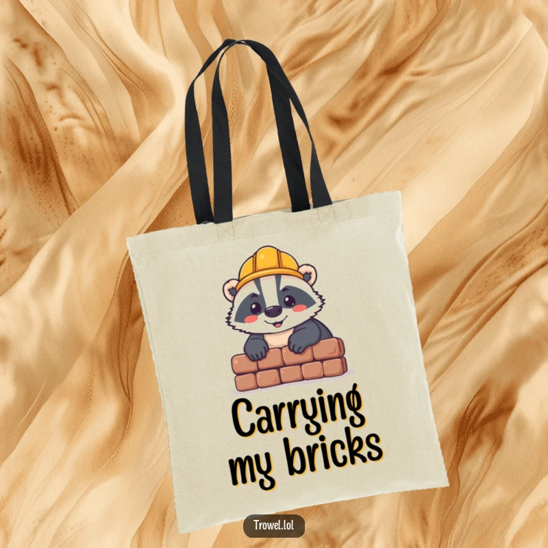 Funny badger tote bag, cheerful character laying brick, hard hat, carrying tools, construction accessory gift.