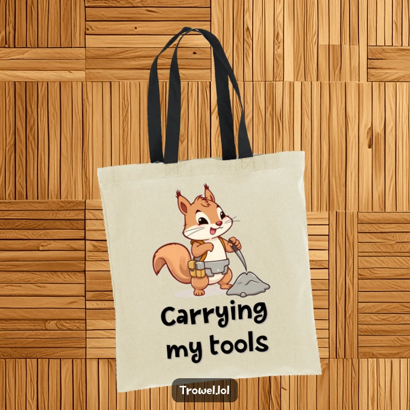 Funny squirrel tote bag, energetic character mixing cement, tool belt, construction accessory gift.